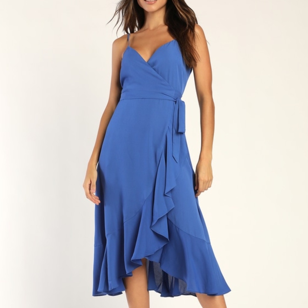 Lulus Manhattan Moment Blue Ruffled Midi Wrap Dress - Size M